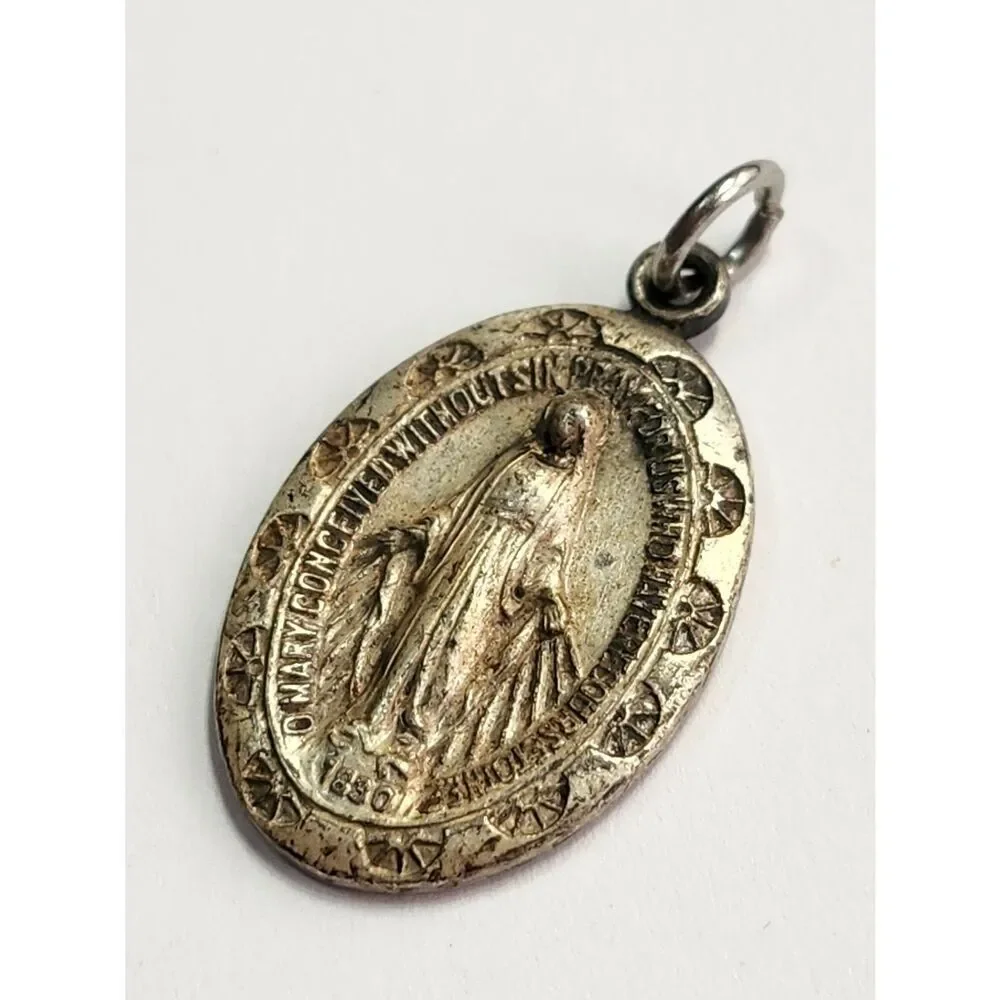 Sterling Silver Miraculous Medal Pendant - Religious Charm 925 Vintage